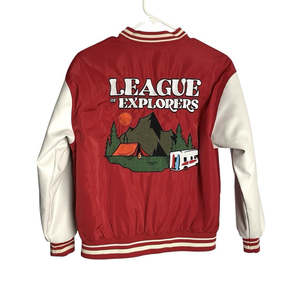 Zara Womens Embroidered Varsity Jacket Size 11-12 Red League of Explorers Patch